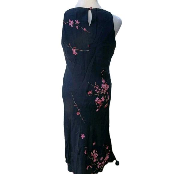 Vintage Y2k 90s Jones Wear Keyhole Back Dress 10 Black Pink Floral Full Length - Picture 3 of 6